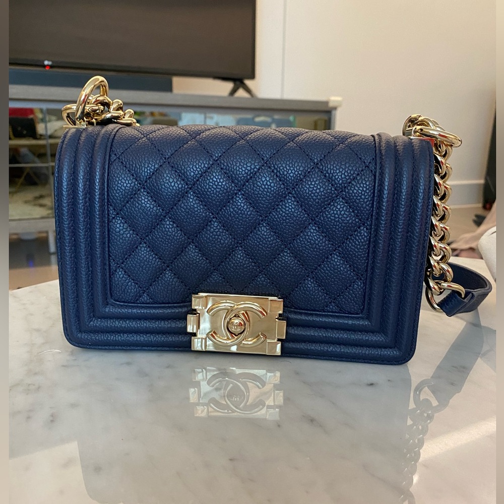 Chanel Le Boy Small Blue Caviar with Champagne Gold Hardware